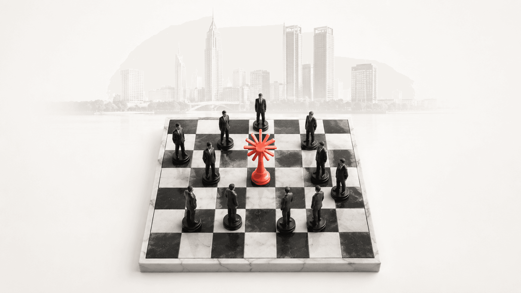 Schachbrett mit zehn Bauern in Banking-Anzügen, zentrales Anthropic-Logo als Schach-Königin, Frankfurter Bankenviertel im Hintergrund
