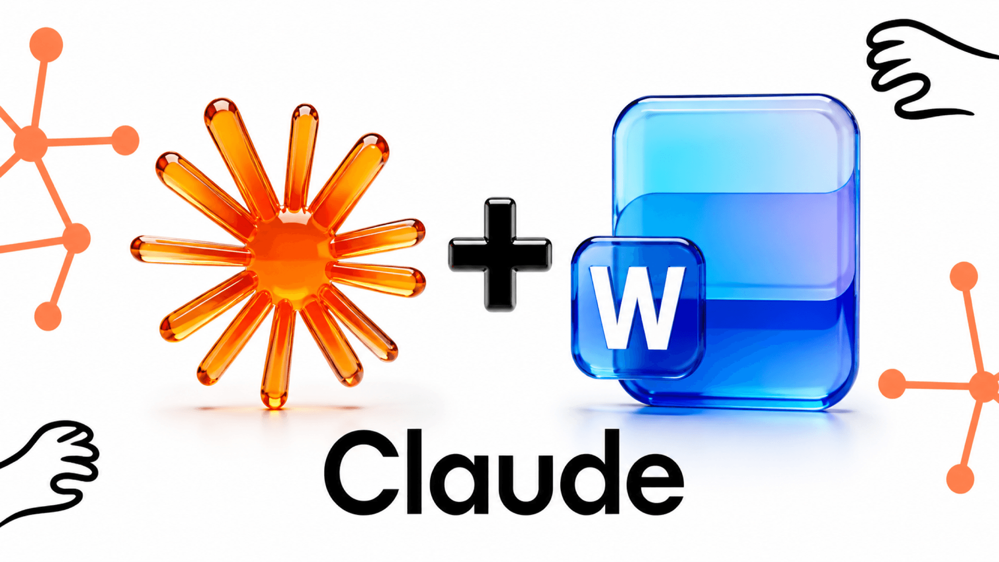 Claude AI Logo neben Microsoft Word Icon, 3D-Glas-Rendering auf weißem Hintergrund