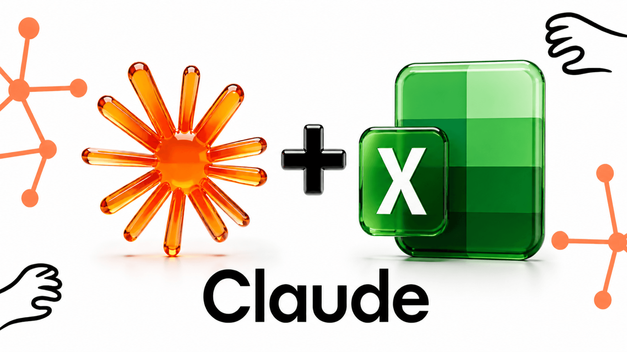 Claude AI Logo neben Microsoft Excel Icon, 3D-Glas-Rendering auf weißem Hintergrund