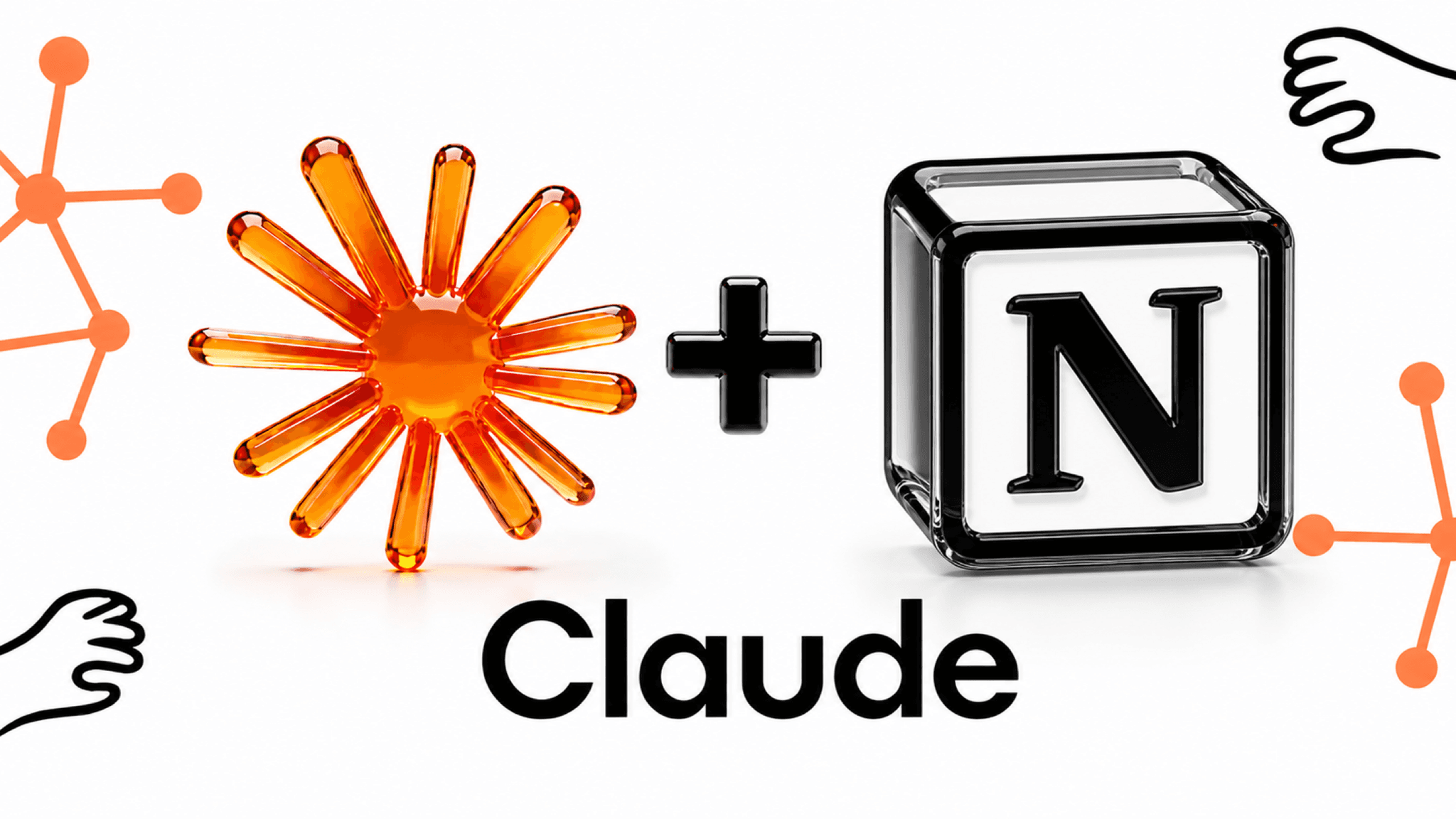 Claude AI Logo neben Notion N Logo, 3D-Glas-Rendering auf weißem Hintergrund