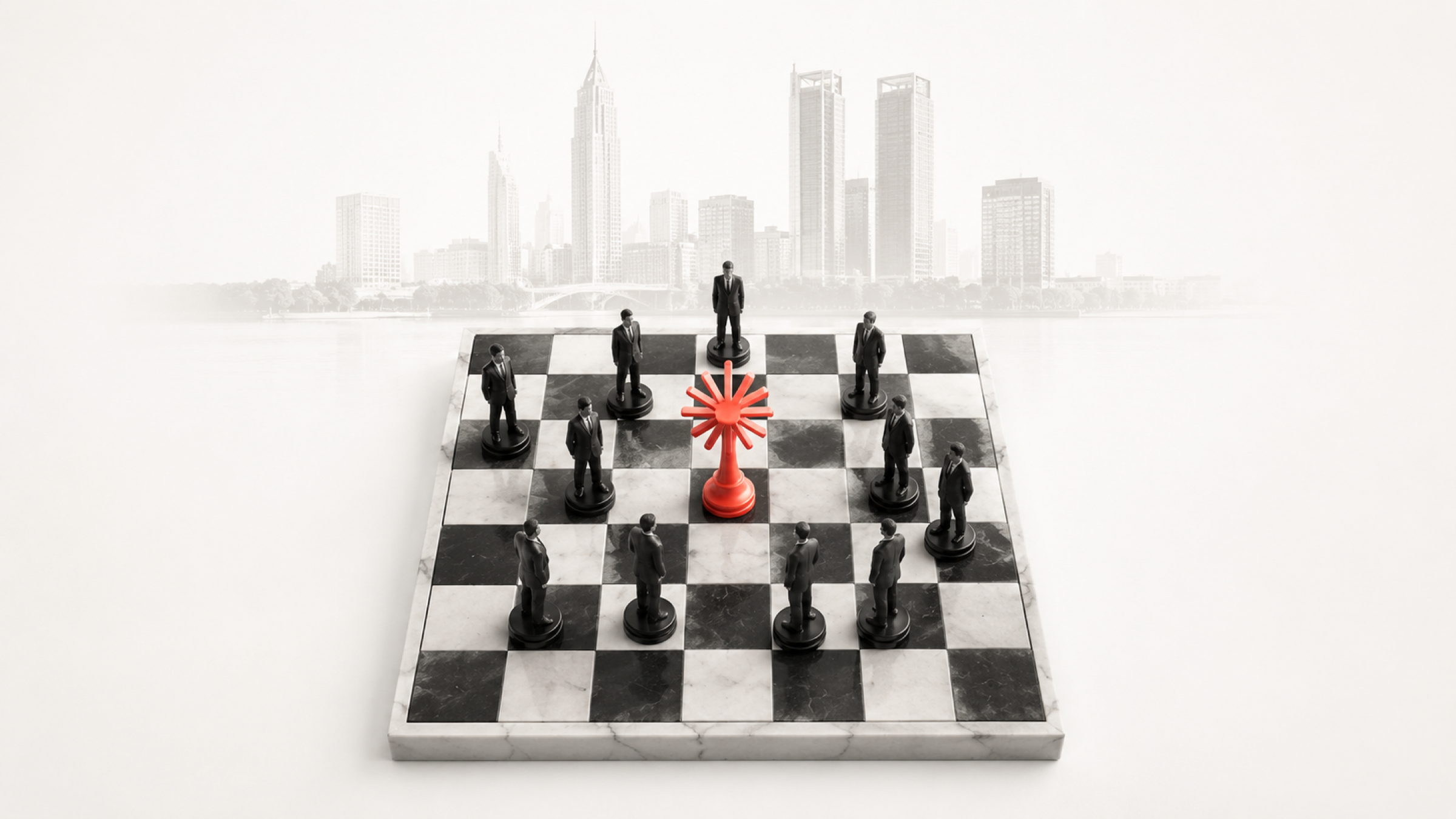 Schachbrett mit zehn Bauern in Banking-Anzügen, zentrales Anthropic-Logo als Schach-Königin, Frankfurter Bankenviertel im Hintergrund