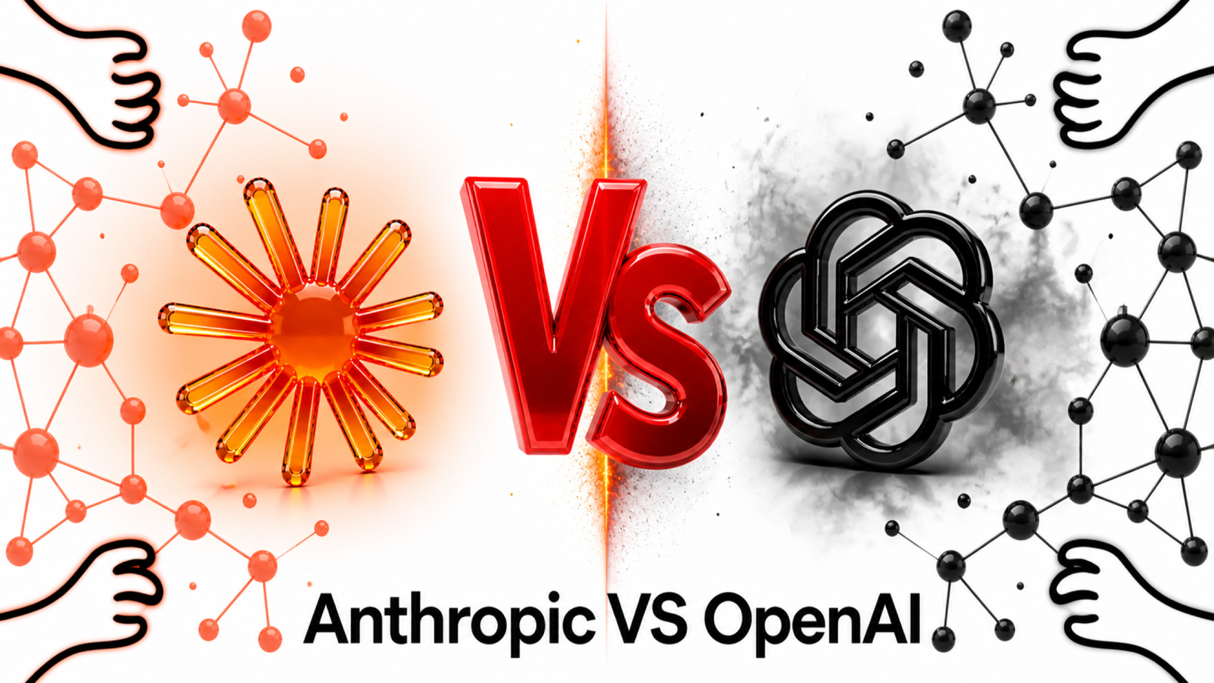 Anthropic Claude Logo links, OpenAI Logo rechts, rotes 3D VS in der Mitte, Mirror-Komposition auf weißem Hintergrund