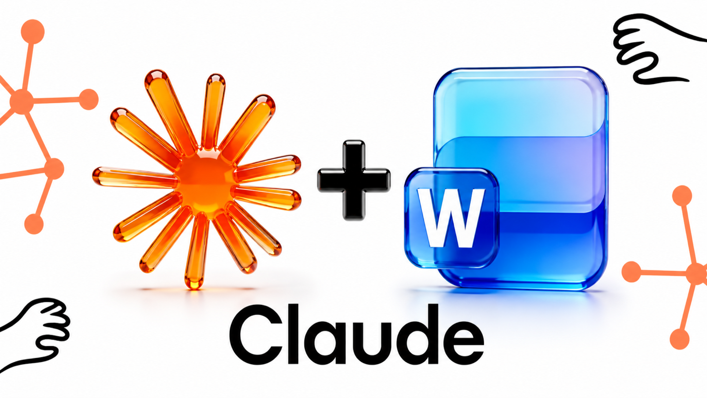 Claude AI Logo neben Microsoft Word Icon, 3D-Glas-Rendering auf weißem Hintergrund