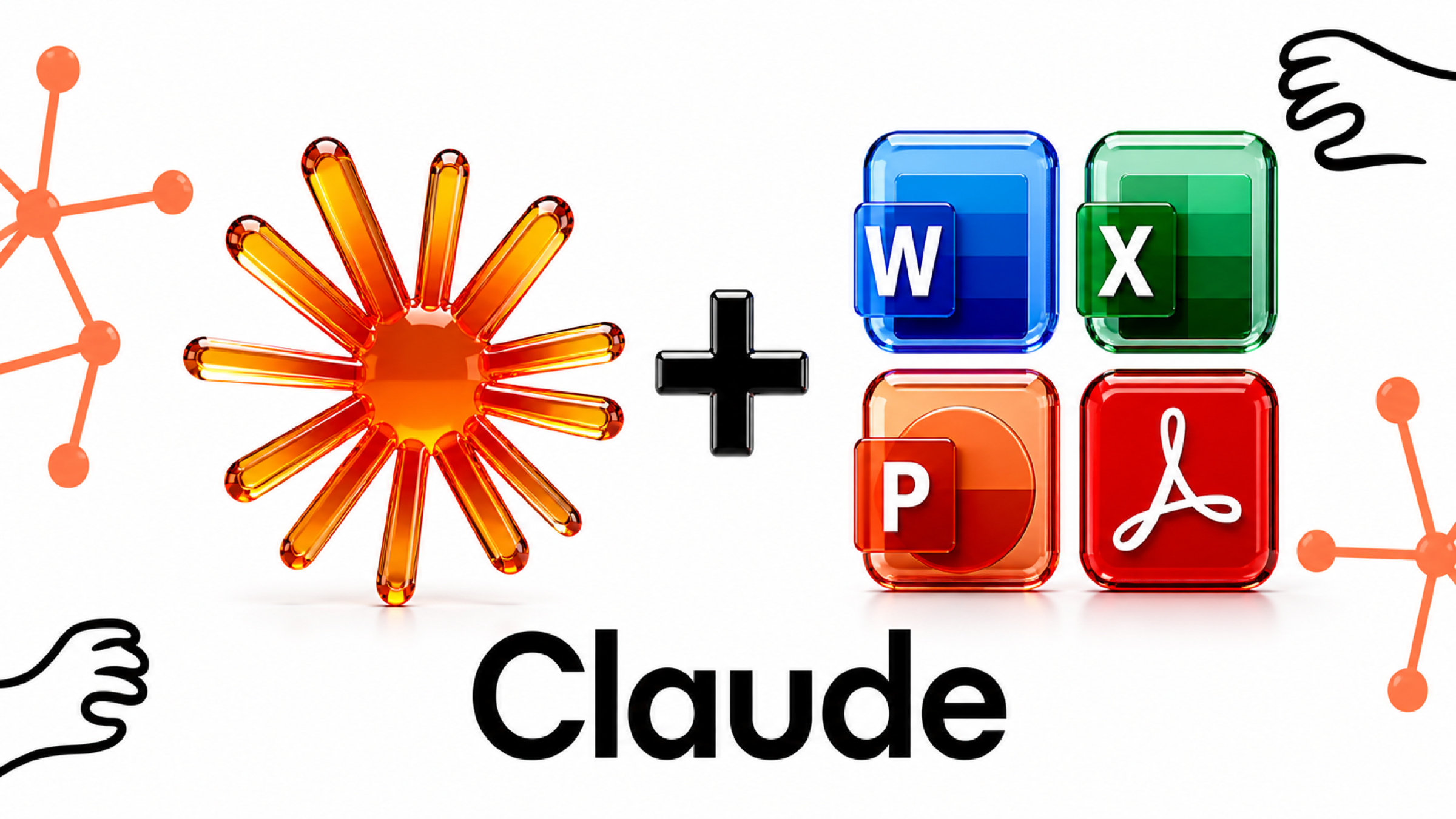 Claude AI Logo neben Microsoft Office Stack (Word, Excel, PowerPoint, PDF), 3D-Glas-Rendering auf weißem Hintergrund