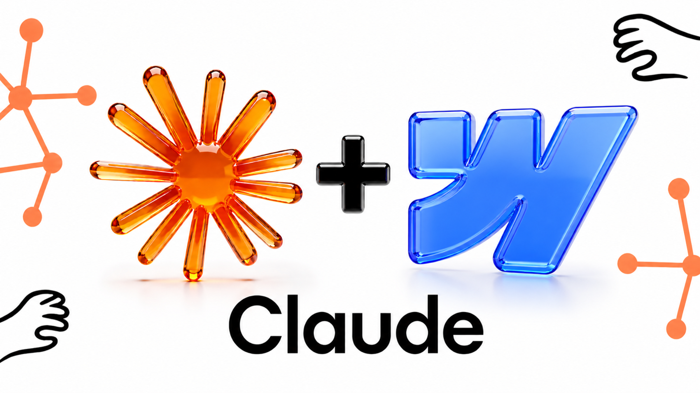 Claude AI Logo neben Webflow Logo, 3D-Glas-Rendering auf weißem Hintergrund